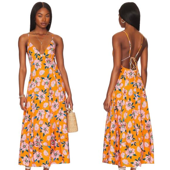 NWT Free People Finer Things Maxi Dress in Sunshine Combo Orange Floral Size L - Picture 1 of 16